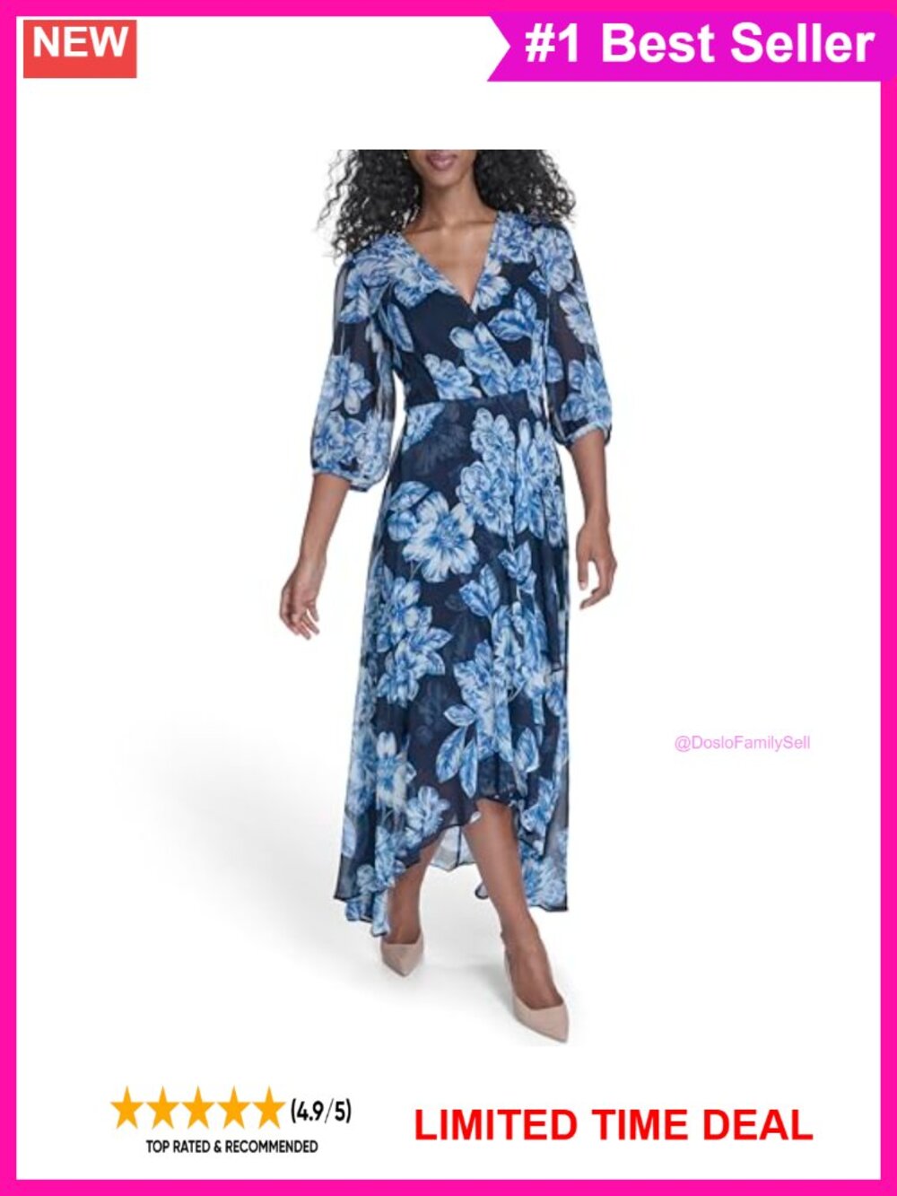 3/4 Balloon Sleeve V-Neck Belted Wrap Midi Dress